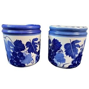 (2) CANISTERS CERAMIC HAND-PAINTED BLUE GRAPEVINE ON CREAM-WHITE LIDDED VINTAGE
